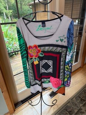 Desigual Y2K Mixed Print Multicolor Patchwork Long Sleeve Graphic Tunic Sz L